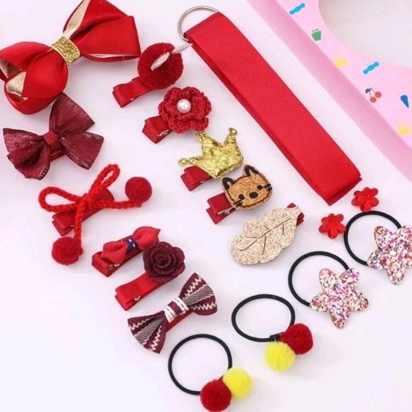 18 Piece Toddler Girls Bow and Flower Hair Accessory Gift Set Red - Picture 3 of 3